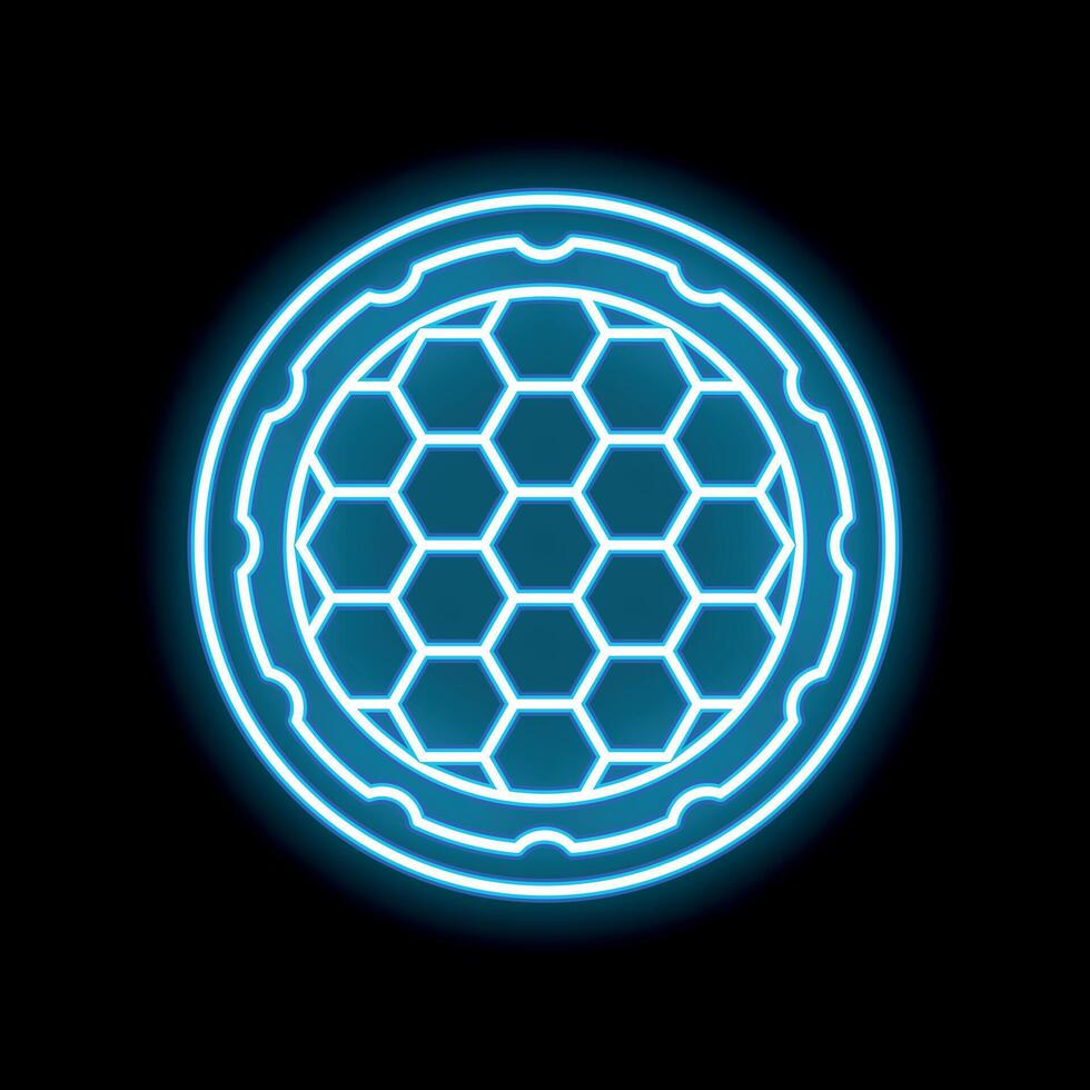 Blue neon sign of honeycomb in circle on black background vector