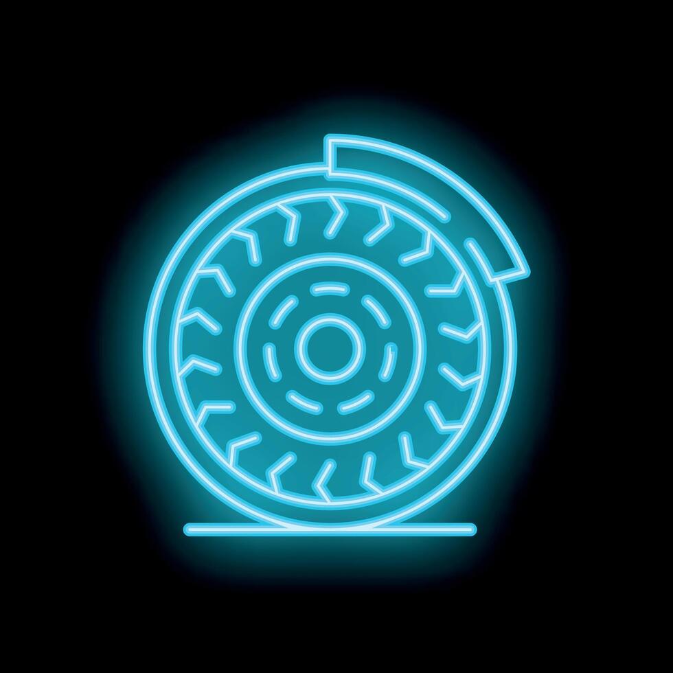 Bright blue neon car brake disk glowing on a black background vector