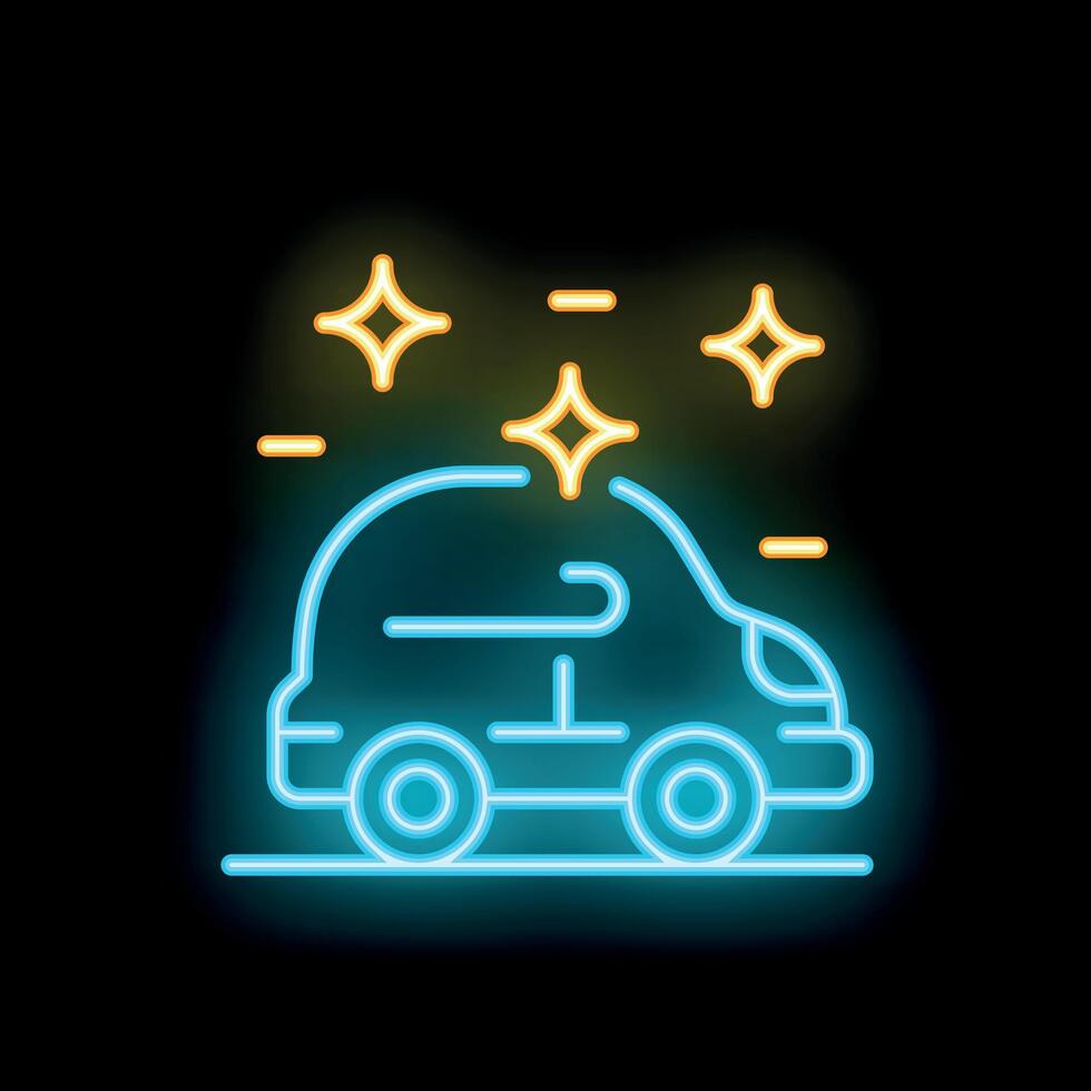 Neon car icon glowing on dark background representing car wash service vector