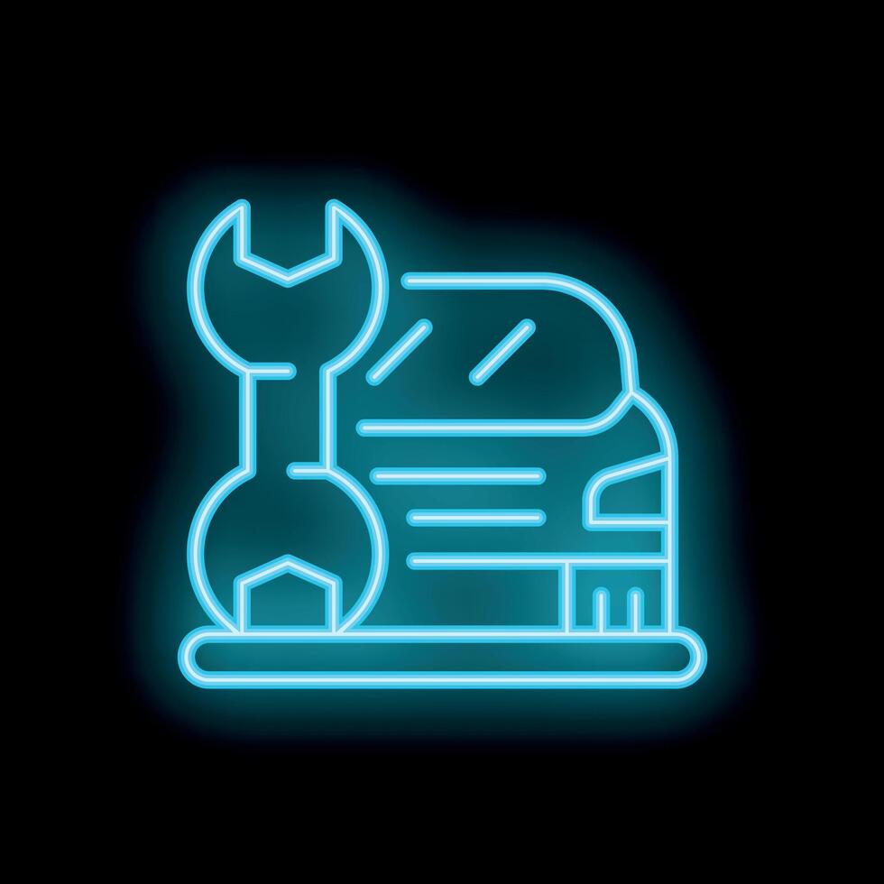 Neon sign of mechanic garage logo with wrench and car for auto repair service vector