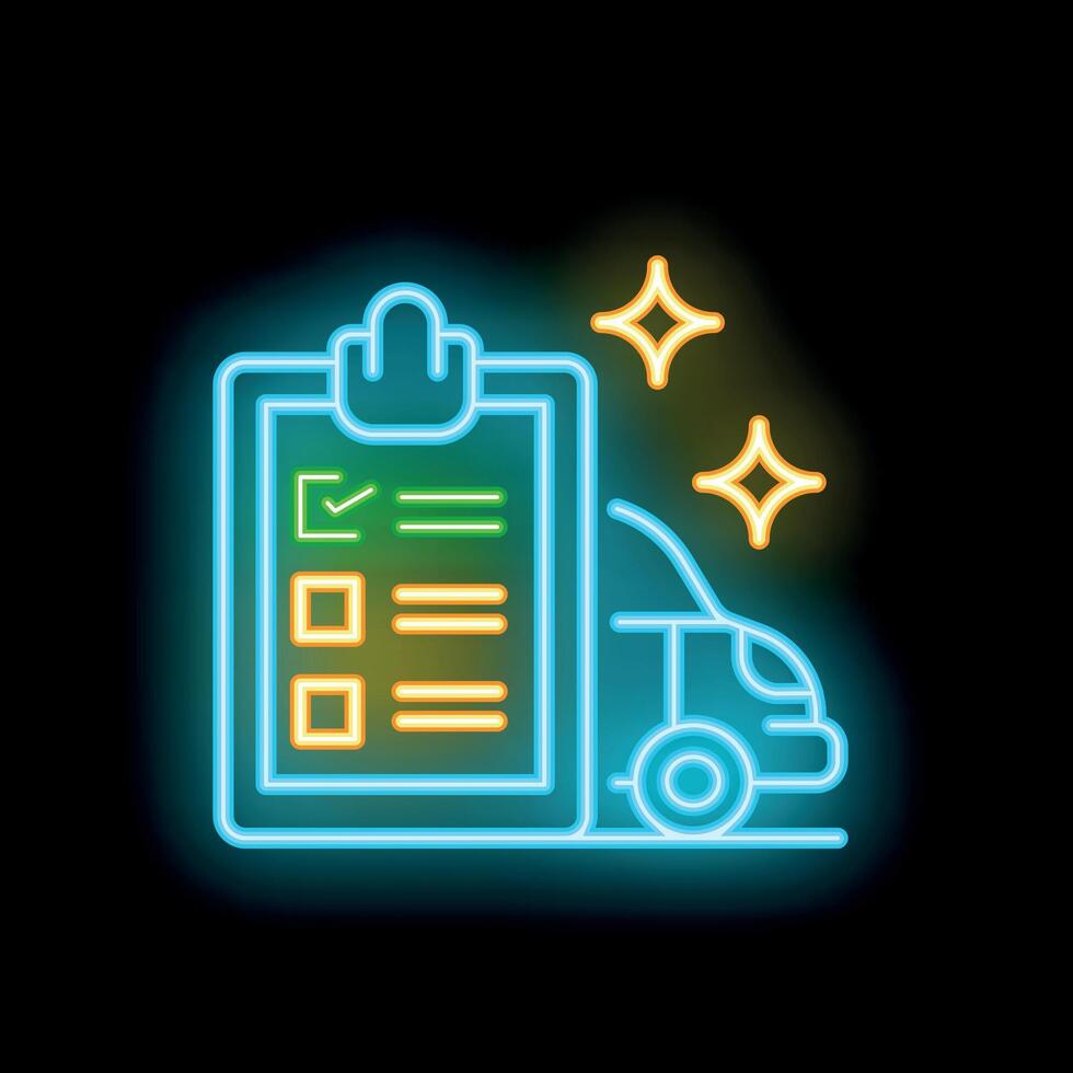 Neon icon of clipboard checklist and shining clean car on black background vector