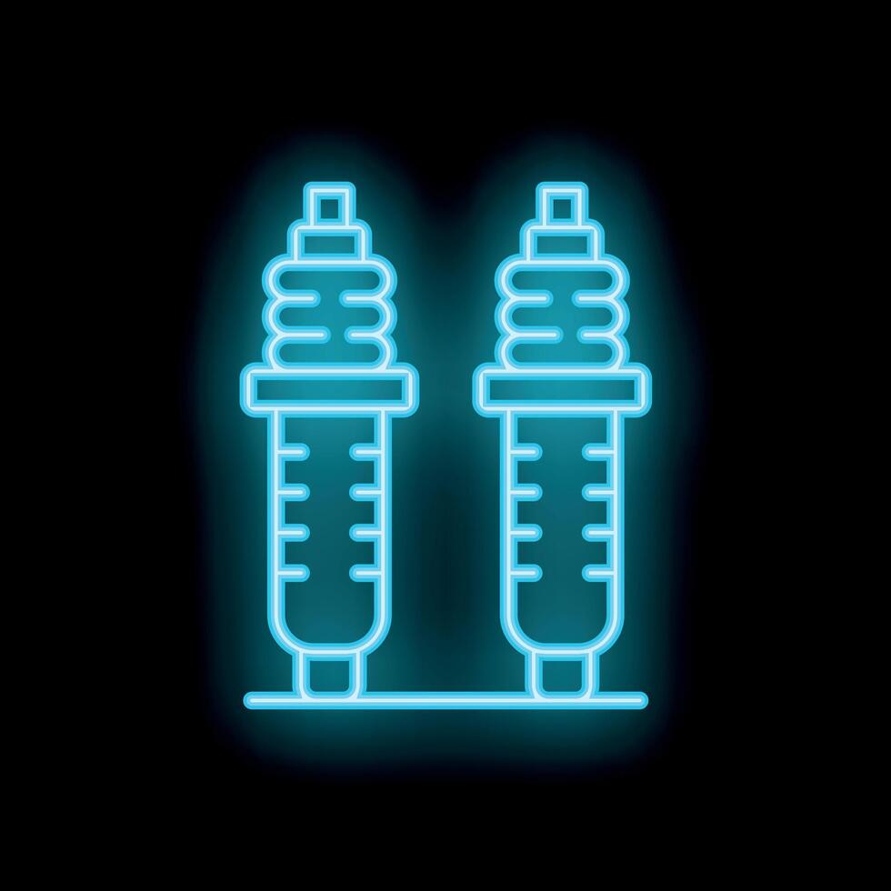 Blue glowing neon line car spark plug icon isolated on black background vector
