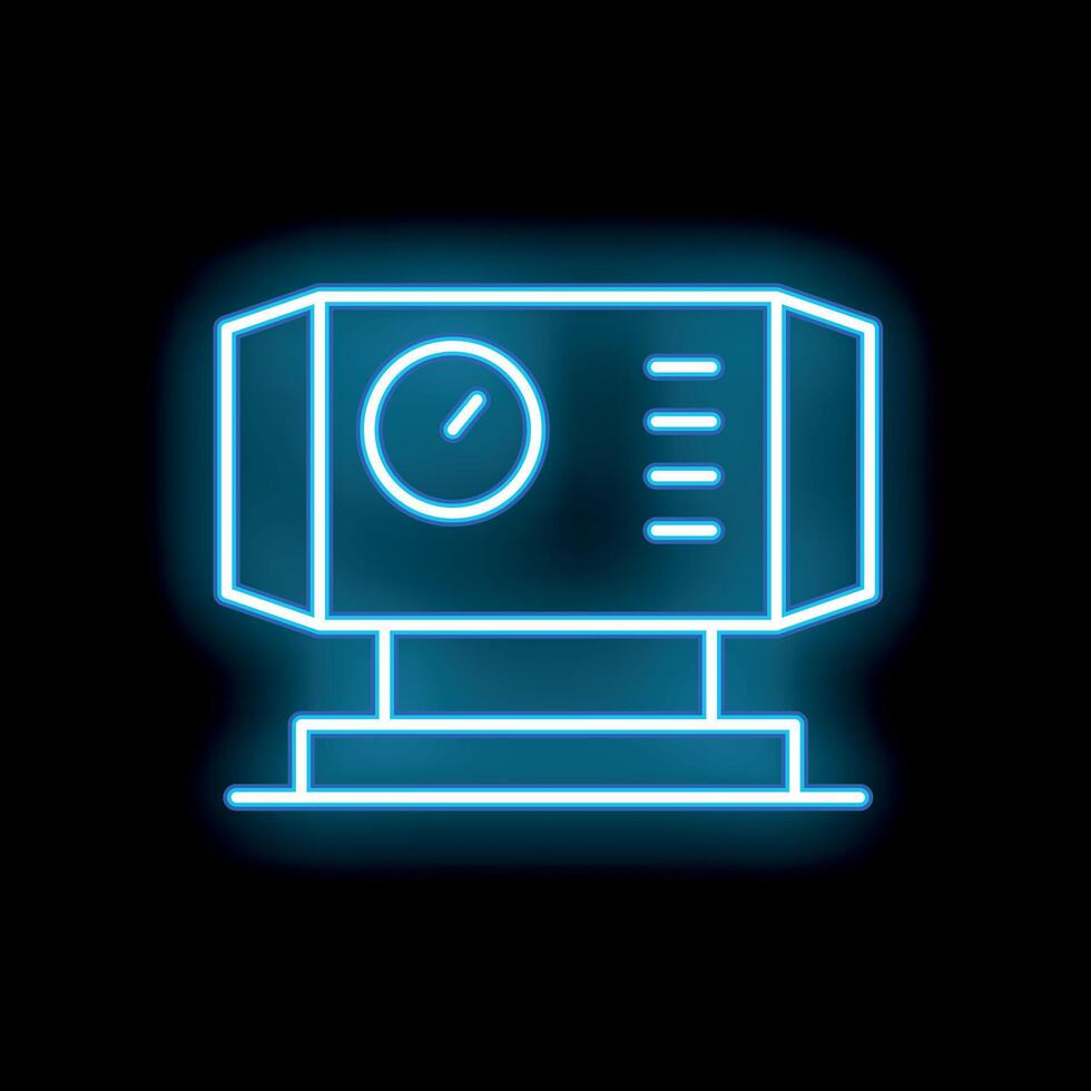 Blue neon sign of industrial equipment with gauge and buttons on black background vector