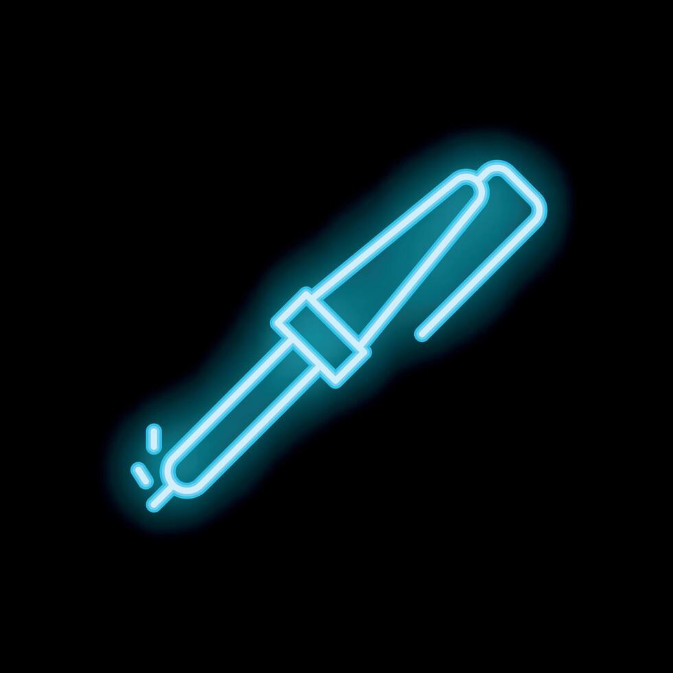 Blue neon soldering iron icon lighting up black background vector