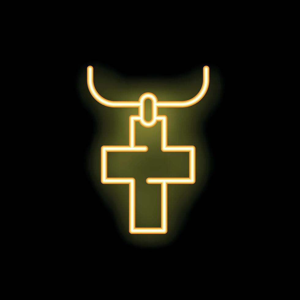 Neon yellow christian cross pendant glowing on black background vector