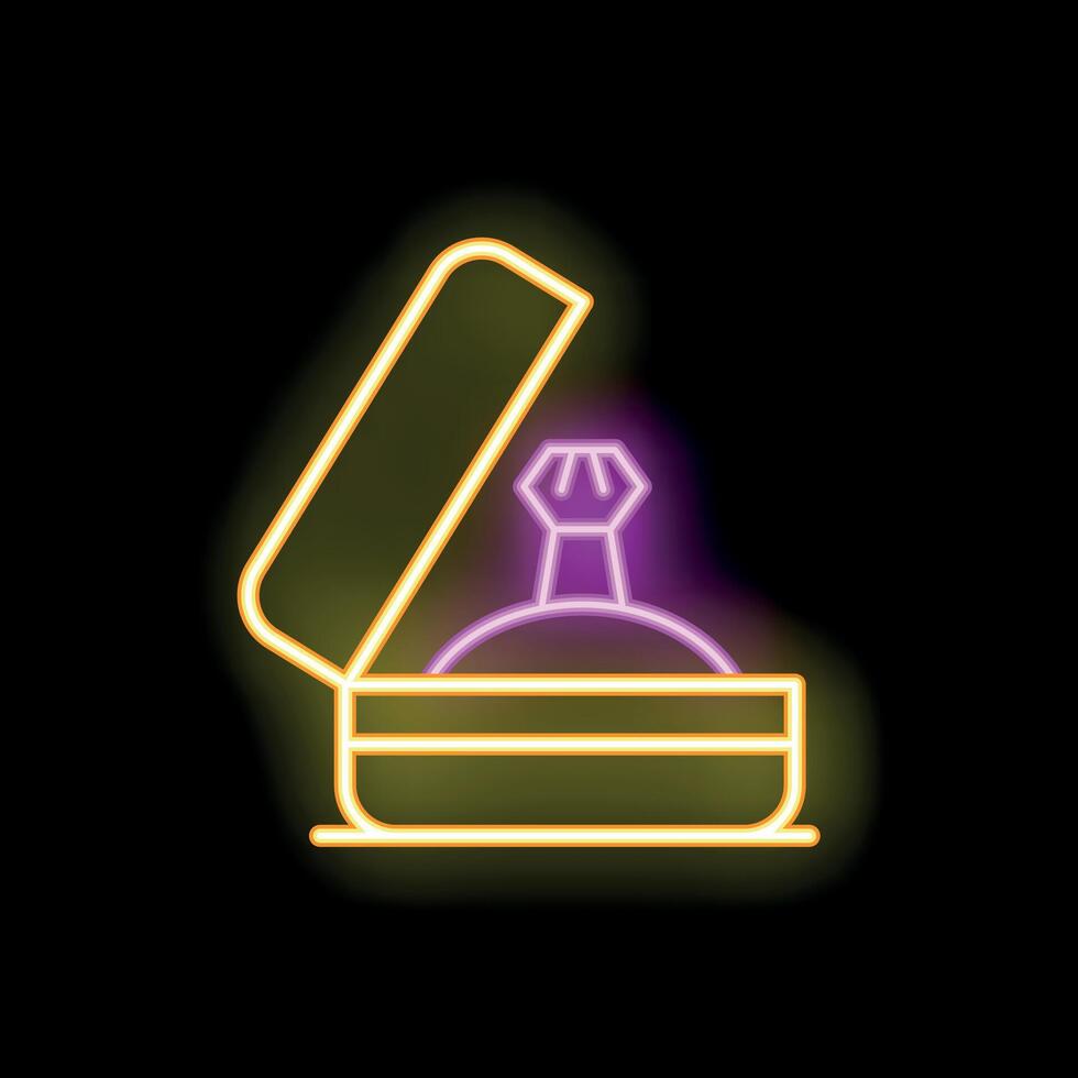 Neon sign of open ring box with a ring inside on black background vector
