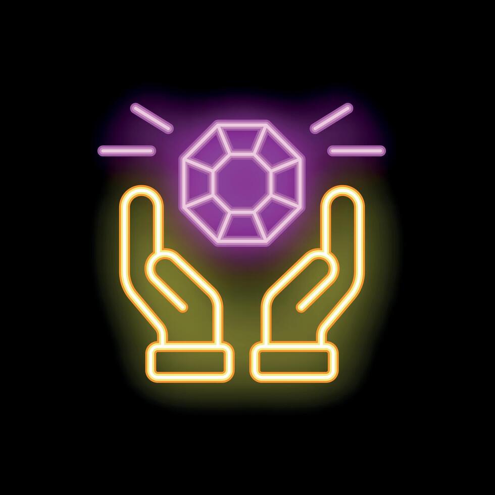 Two hands holding a big shining neon diamond symbol vector