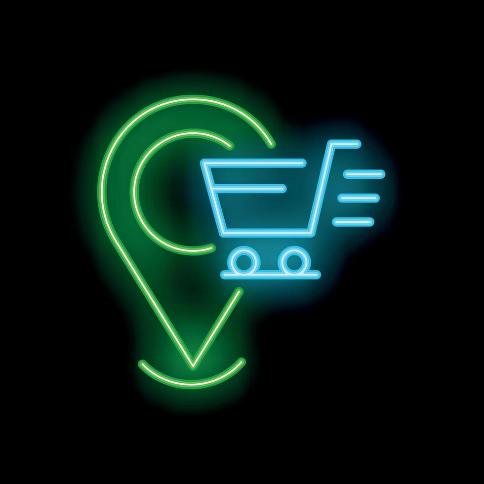 Neon shopping cart moving towards location pin on black background vector