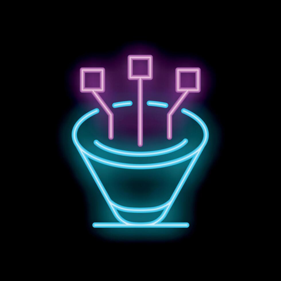 Neon icon of data being processed, funnel transforming information flow vector