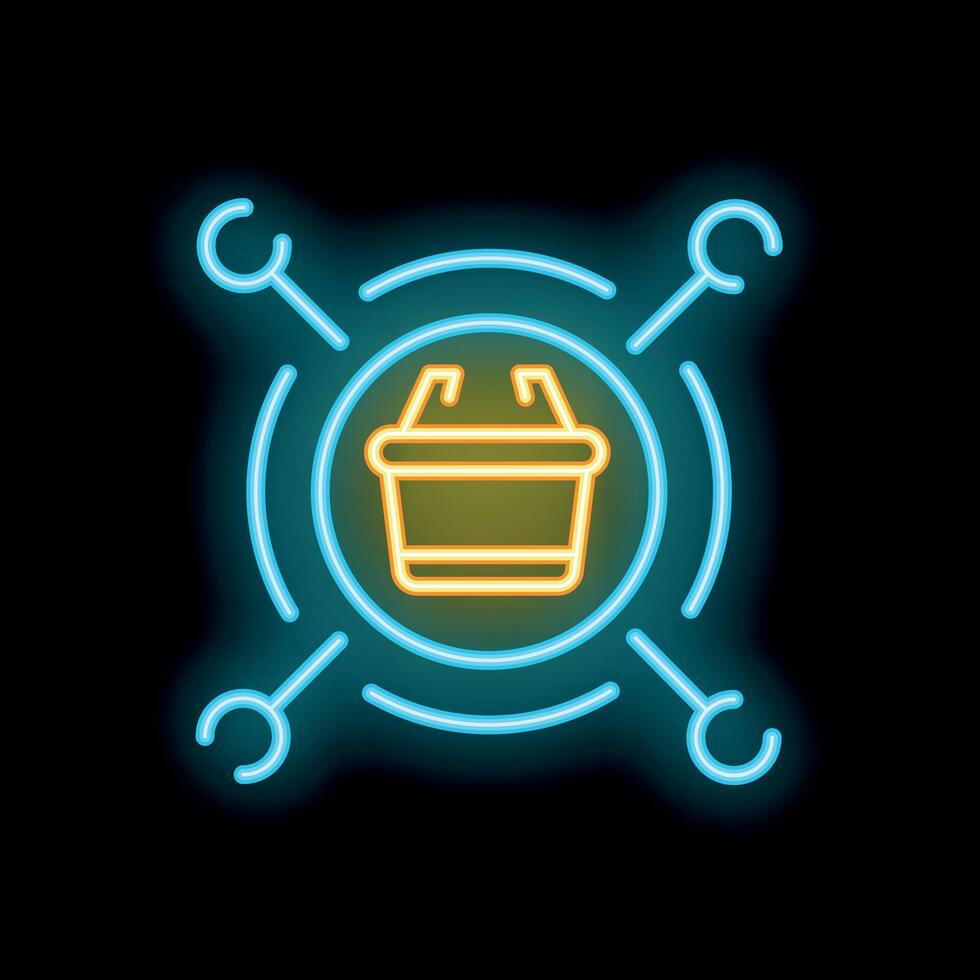 Neon sign illuminating a shopping cart symbol at the center of network connection signals vector
