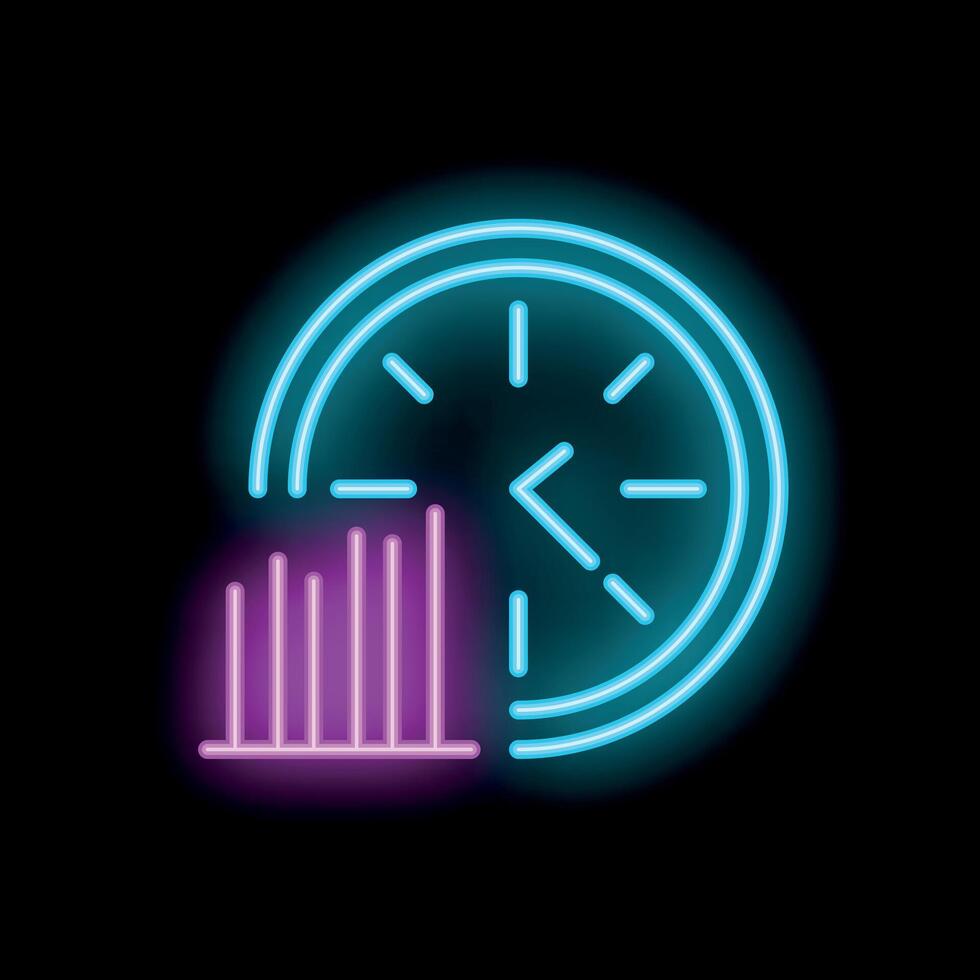 Neon icon of clock showing time passing and bar chart growing vector
