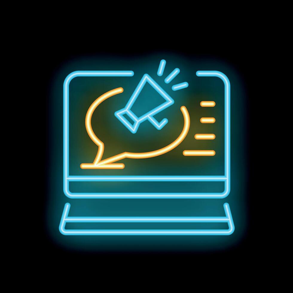 Neon style icon of laptop showing digital marketing campaign with megaphone vector