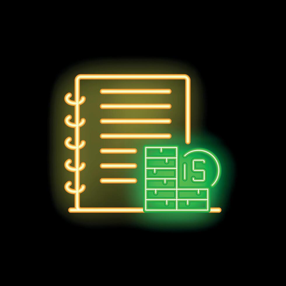 Neon glowing icon of fifteen days delivery time with notebook on black brick wall background vector