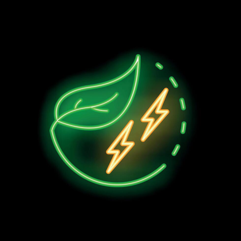 Green energy neon sign with glowing leaf and lightning symbol vector
