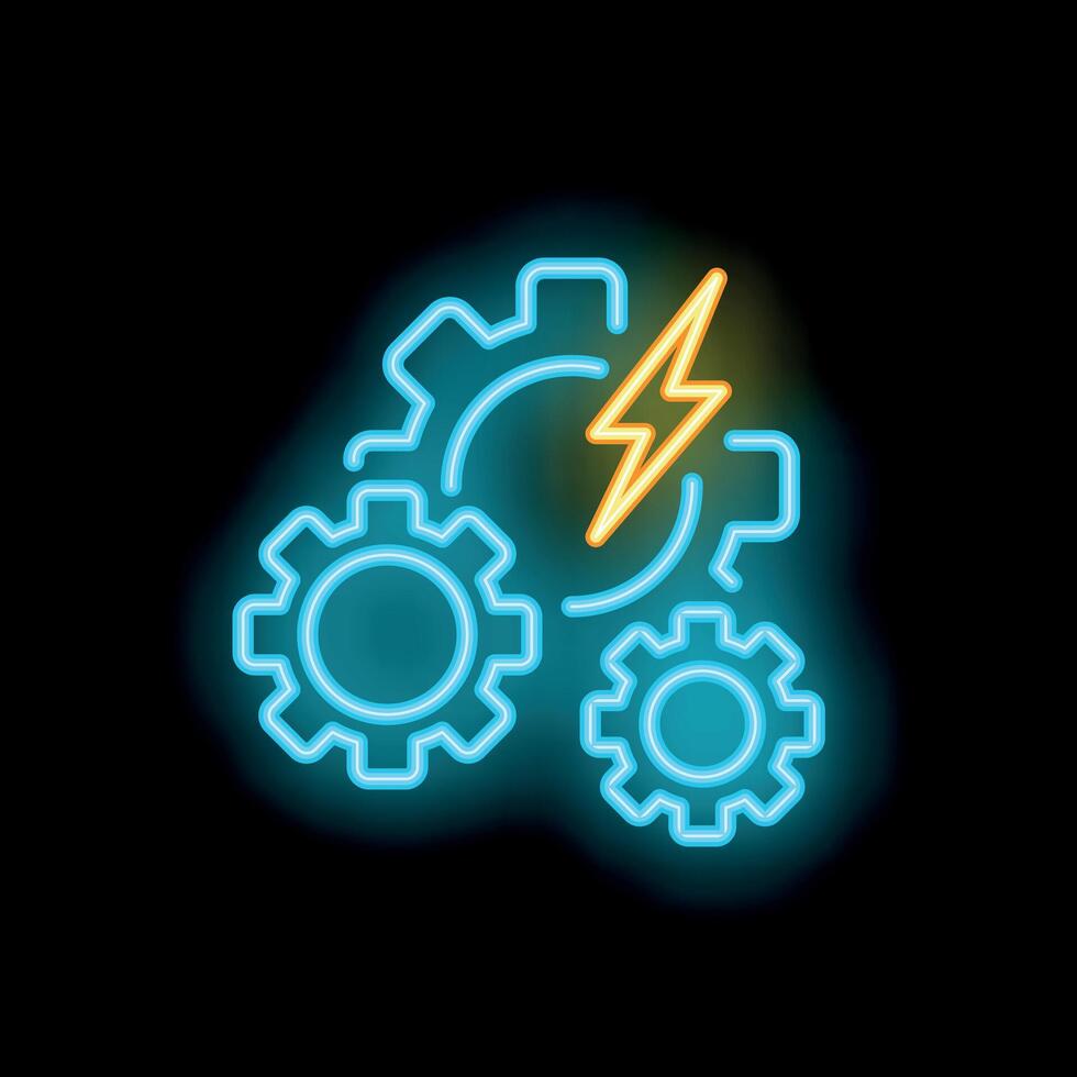 Neon gears and lightning bolt symbolizing powering innovation vector