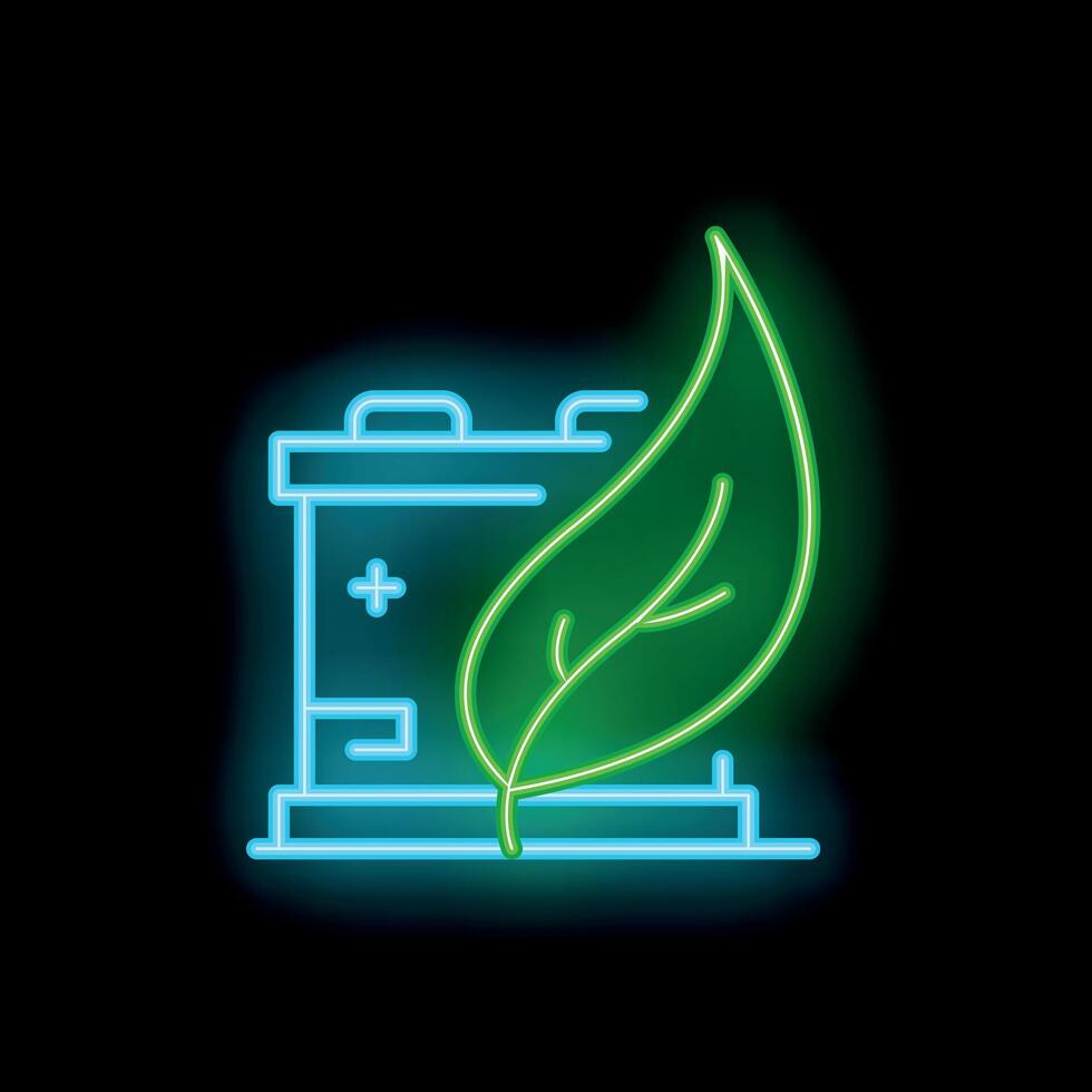 Green leaf leaning on accumulator neon sign representing eco energy concept vector