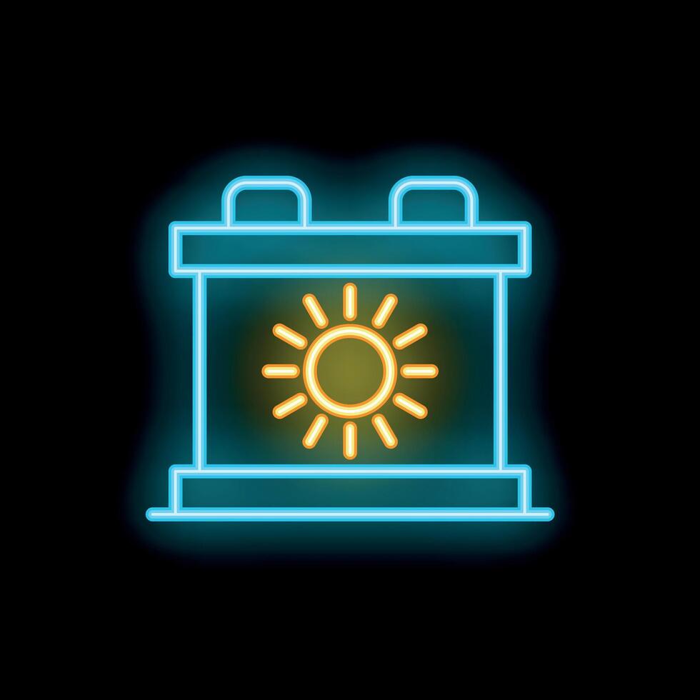 Neon solar battery icon glowing on dark background vector