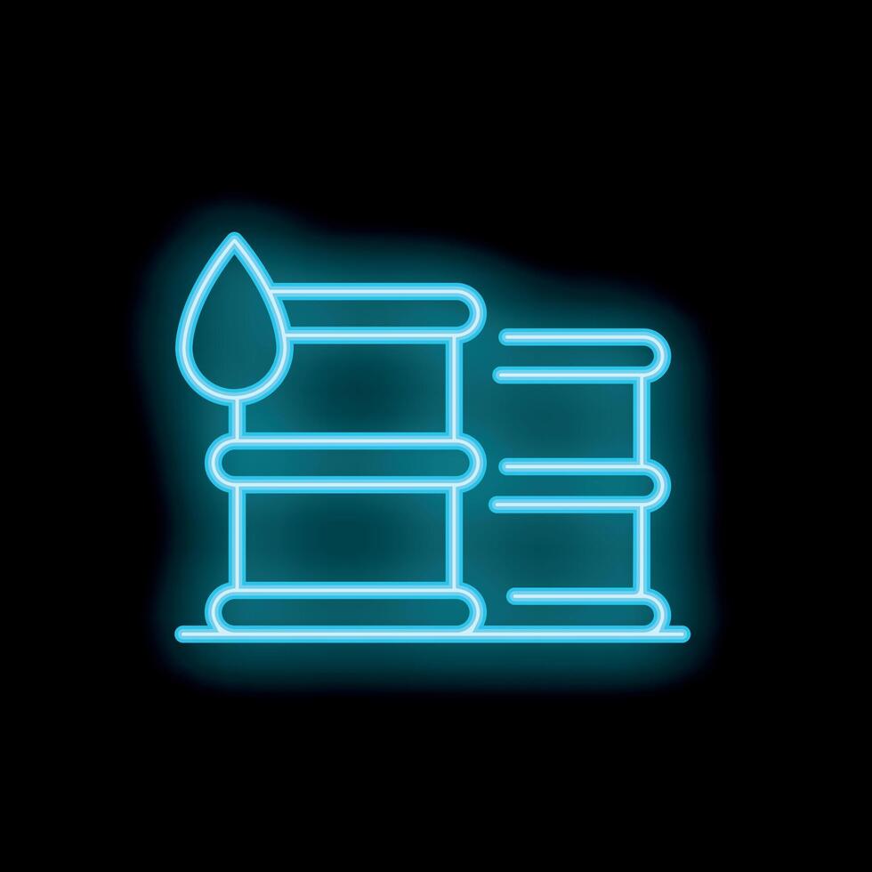 Blue neon sign depicting oil barrels with oil drop on black background vector