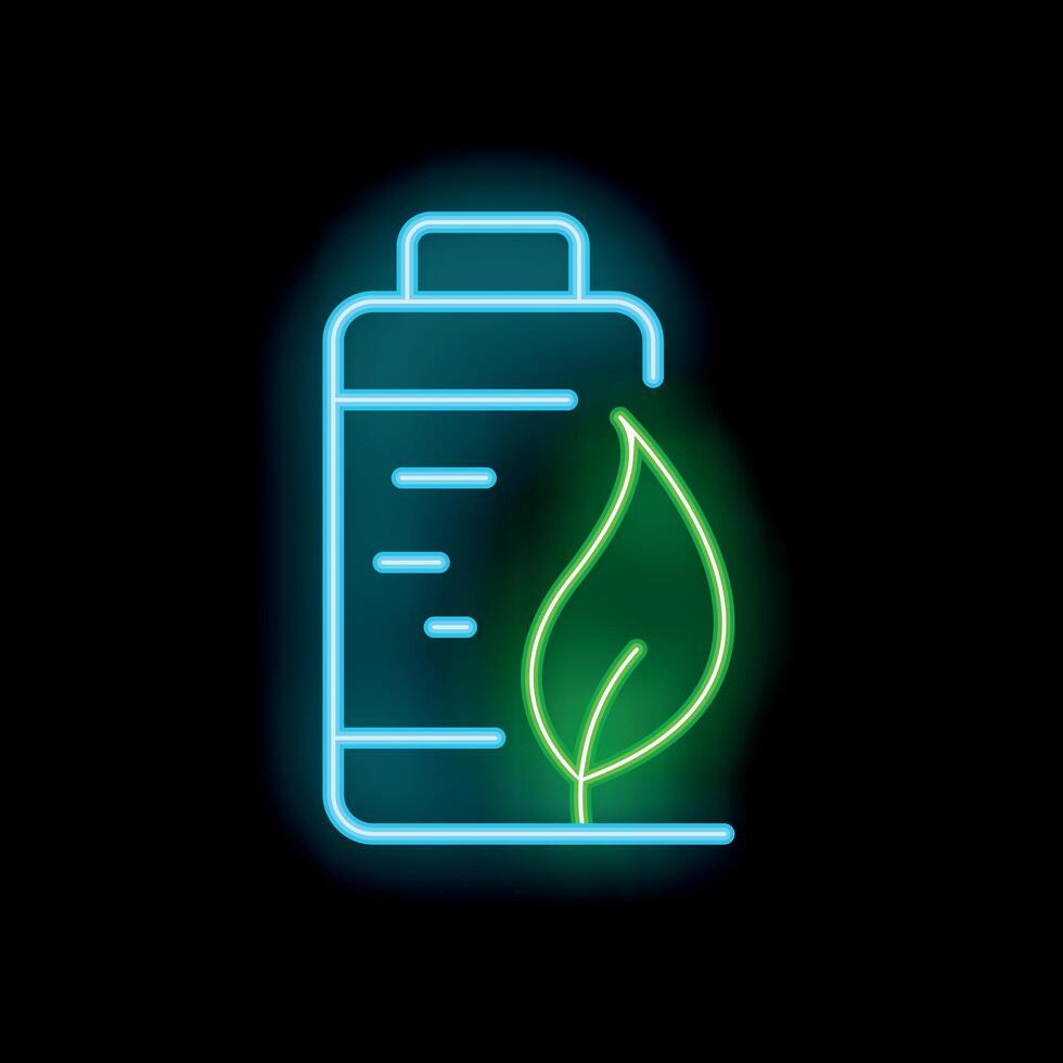 Neon green eco friendly battery icon glowing on black background vector