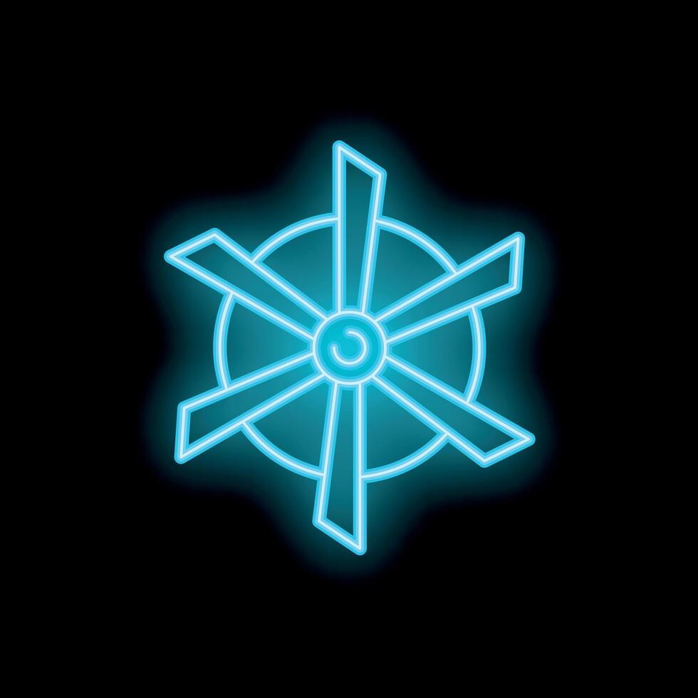 Neon icon of water turbine glowing blue on black background vector