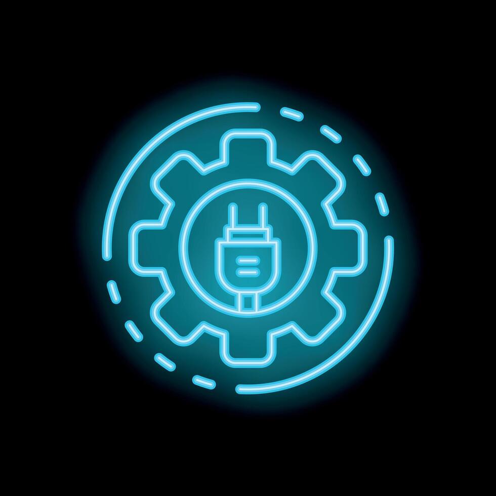 Neon icon of electric plug inside gear setting representing energy management vector