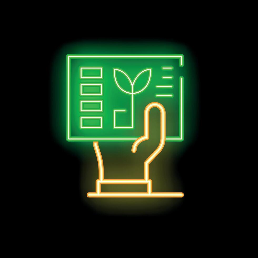 Neon glowing icon of a hand holding a sustainable development plan vector
