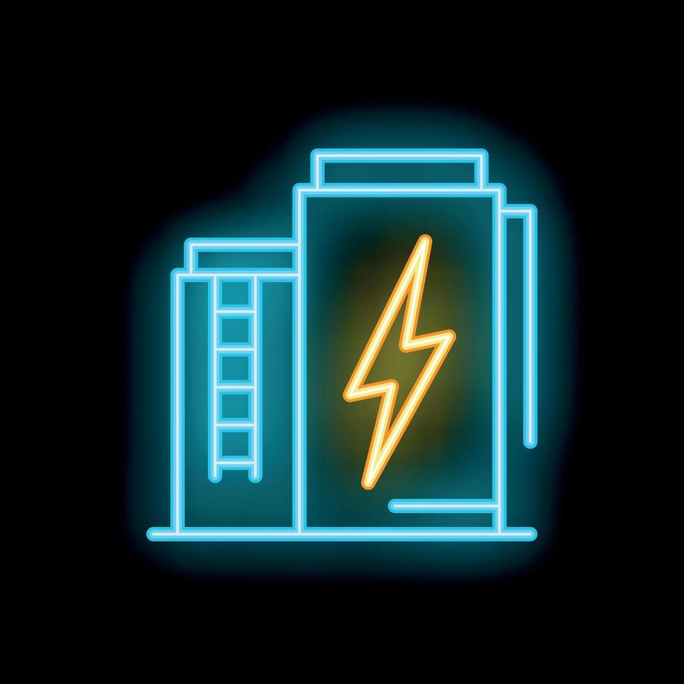 Glowing neon line power station building with lightning bolt icon isolated on black background. illustration vector