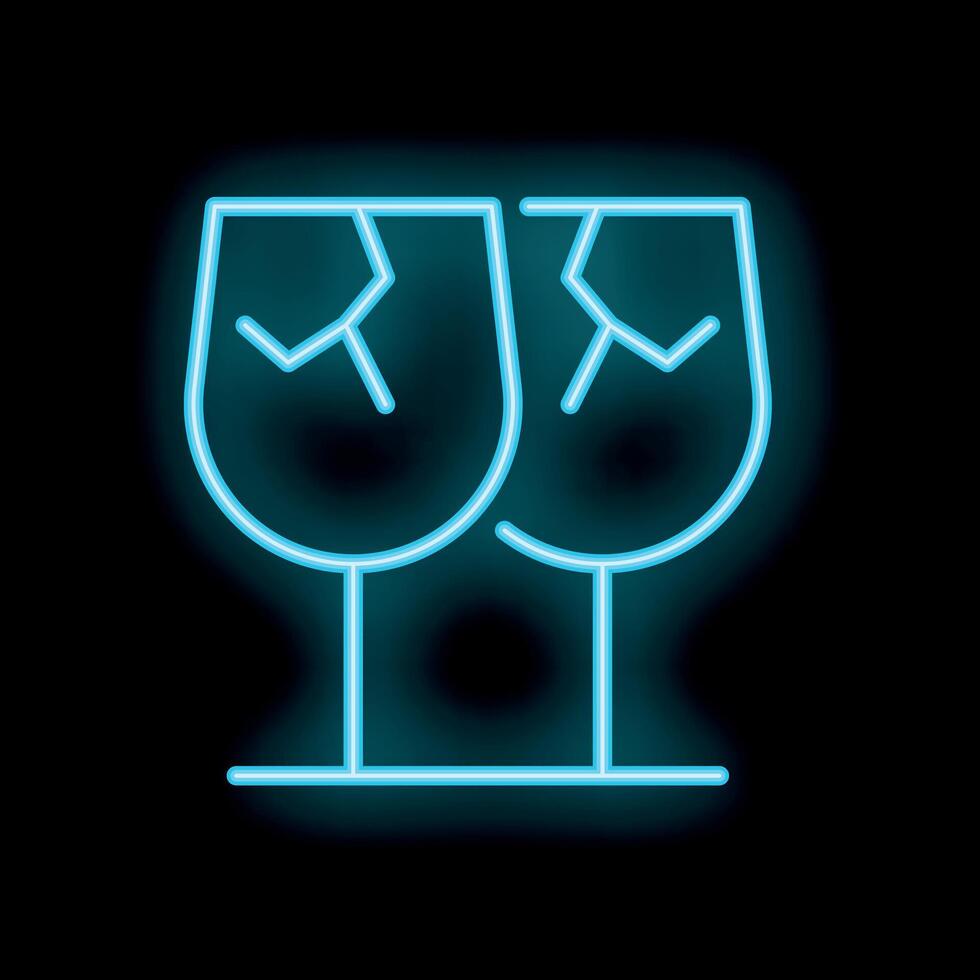 Neon sign of two broken wine glasses glowing on black background vector