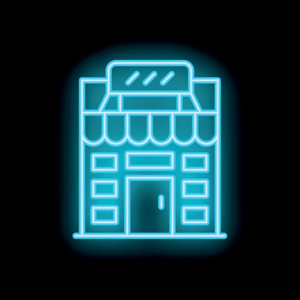 Glowing neon sign depicting a storefront on black background vector