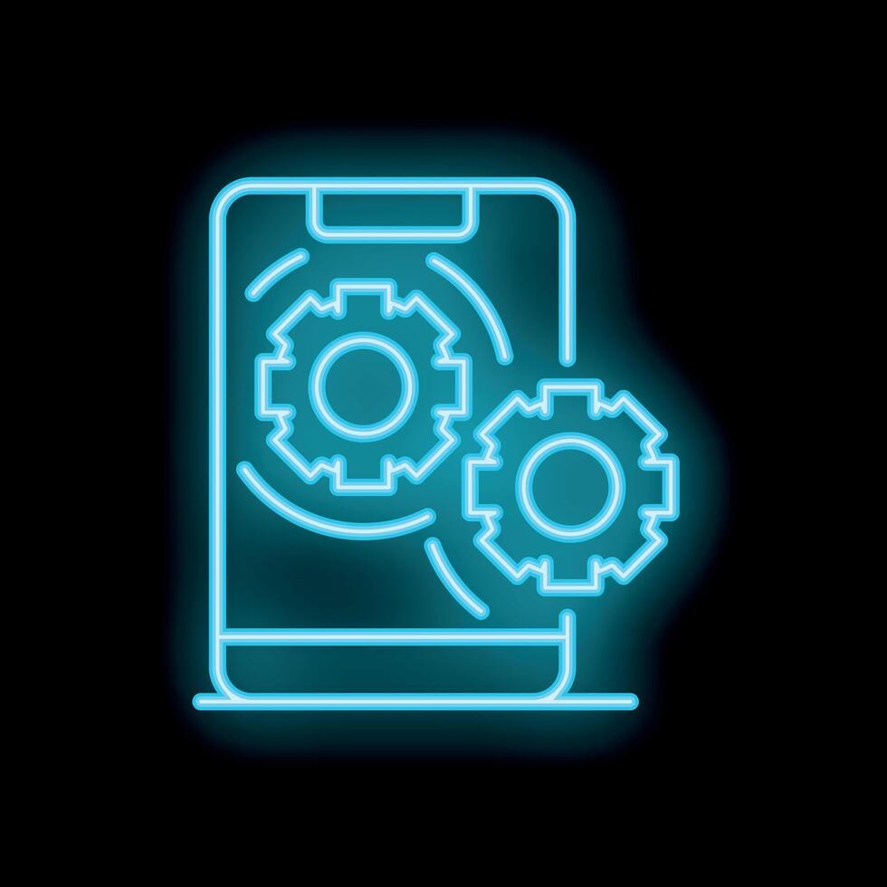 Neon blue smartphone showing gears turning, symbolizing mobile app development vector