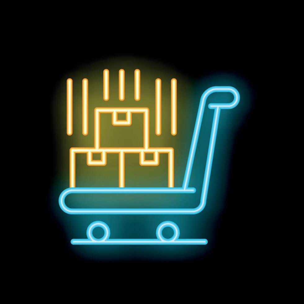 Neon sign representing warehouse trolley transporting parcels vector