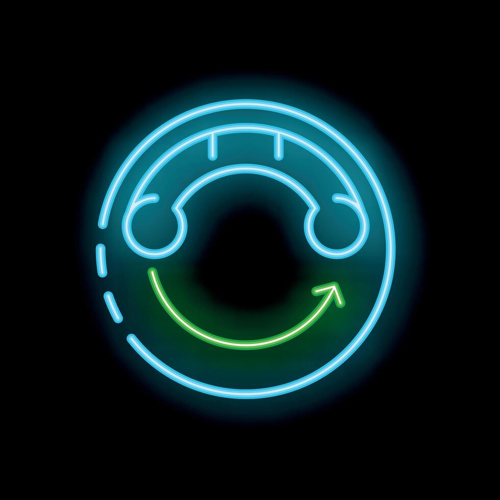 Neon sign showing blue phone handset making smiling face with green arrow vector