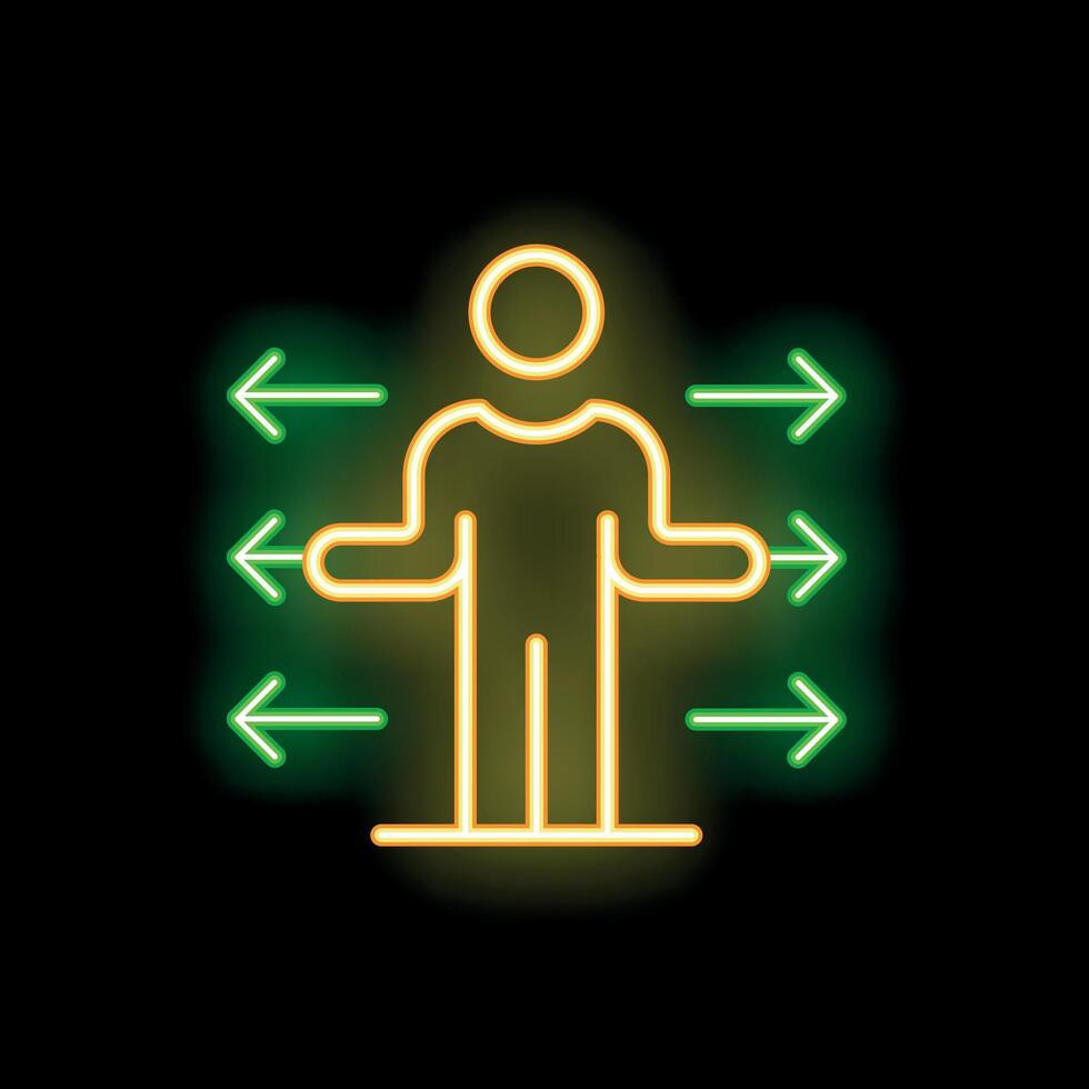 Businessman standing with arrows pointing at him neon sign style icon vector