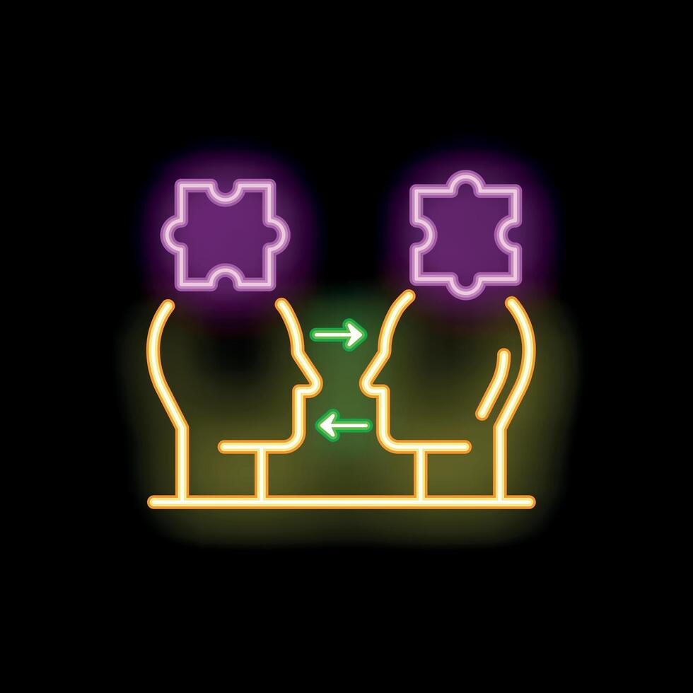 Neon icon of knowledge transfer with two people exchanging puzzle pieces vector