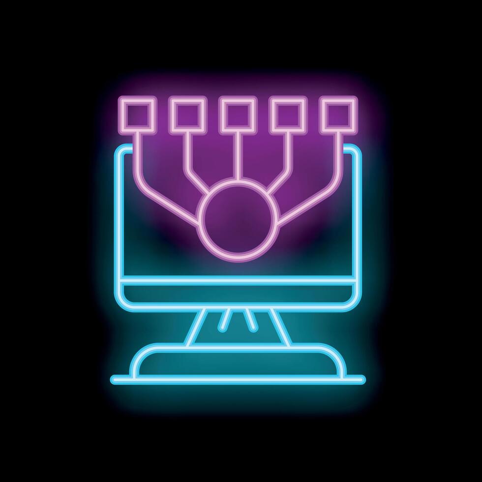 Neon computer icon showing network hub with connected devices vector