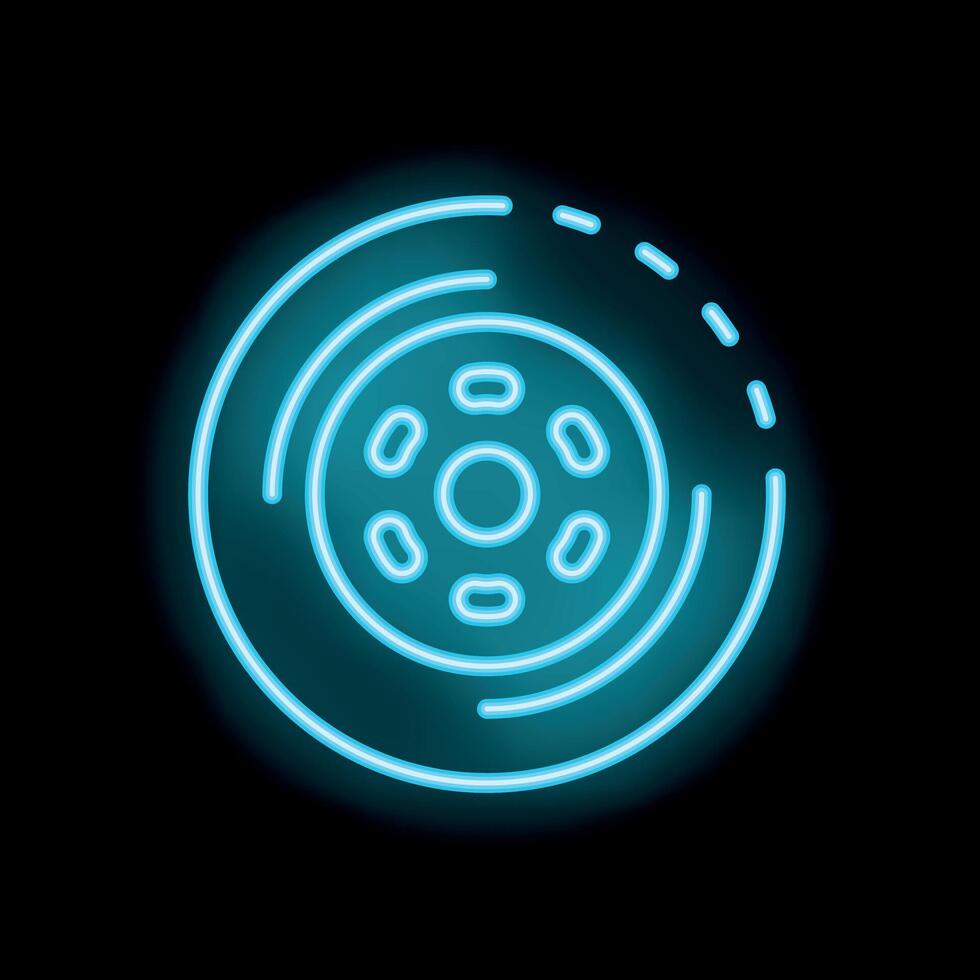 Neon sign of a brake disc glowing on a dark background vector