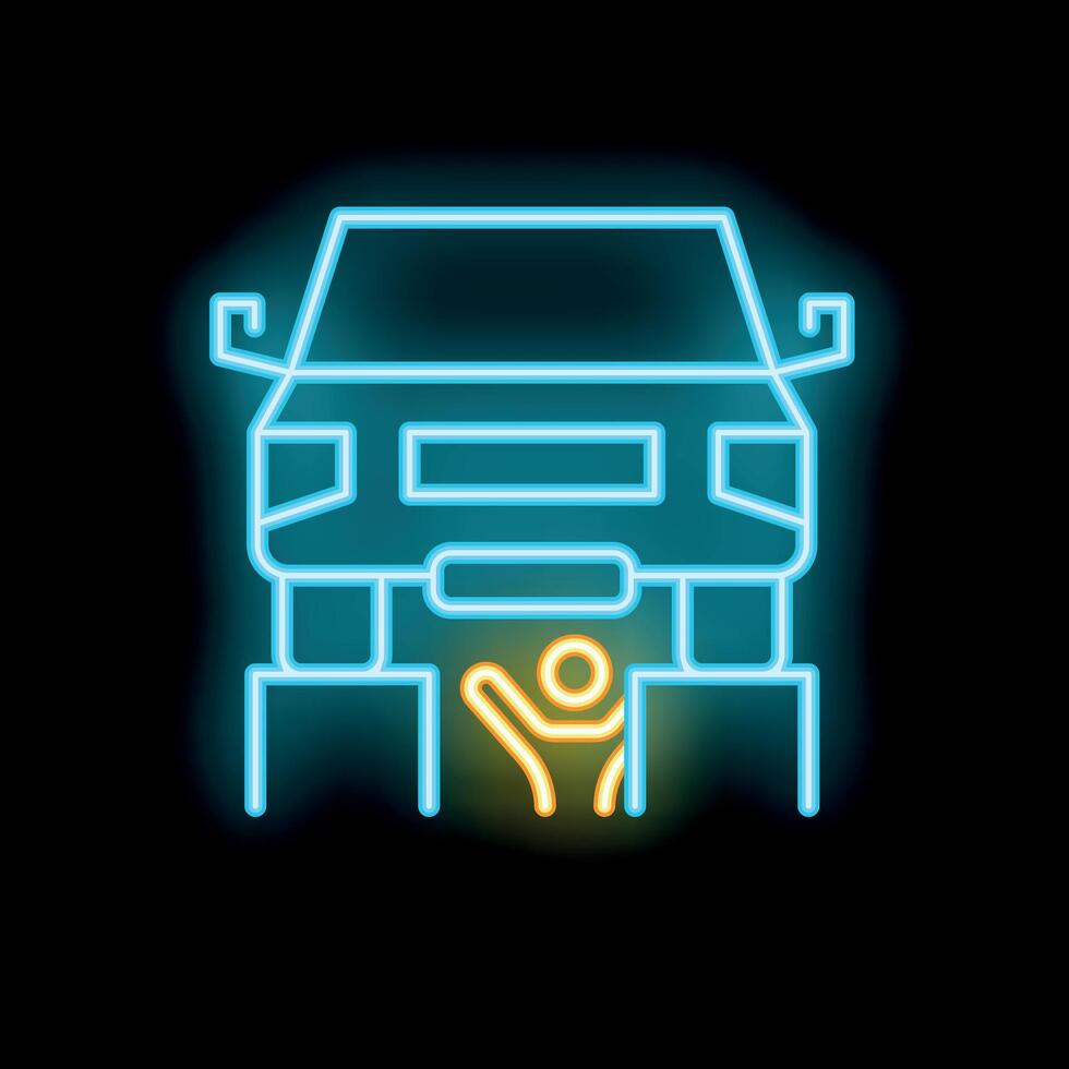 Neon glowing icon of a mechanic repairing a car lifted on a platform vector