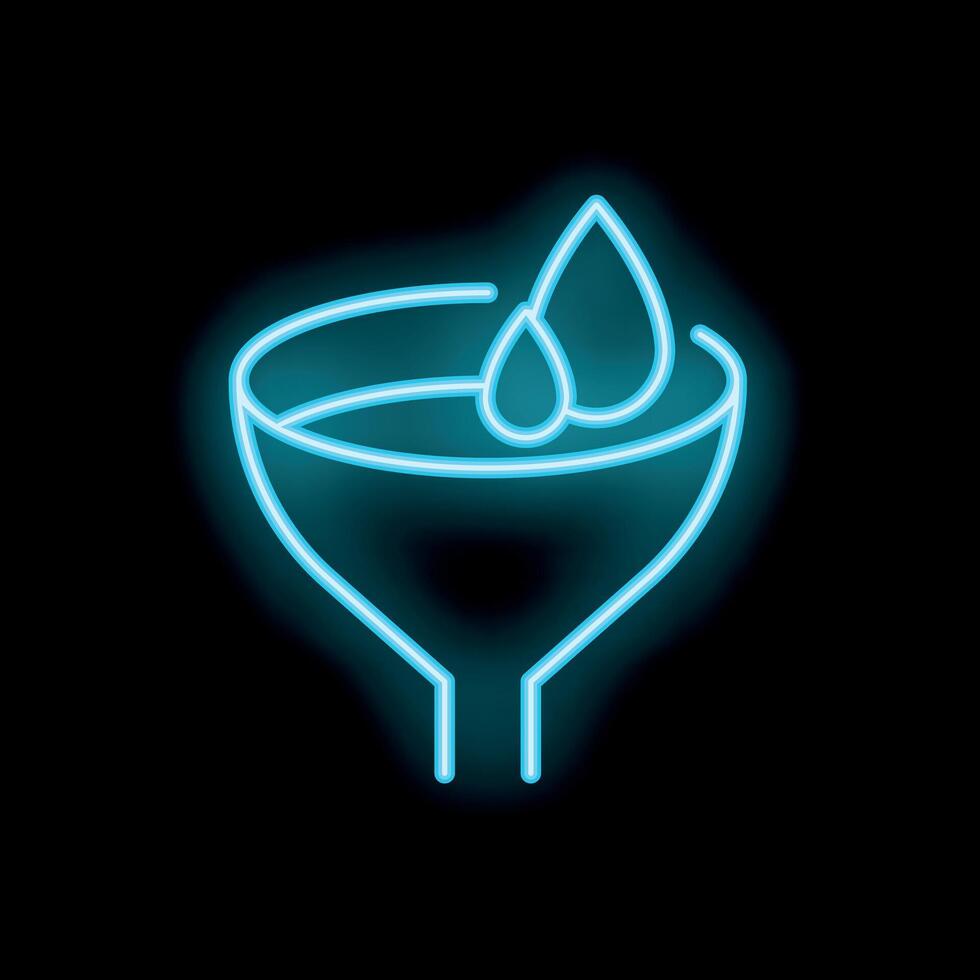 Neon blue water drops falling into funnel forming liquid on black background vector