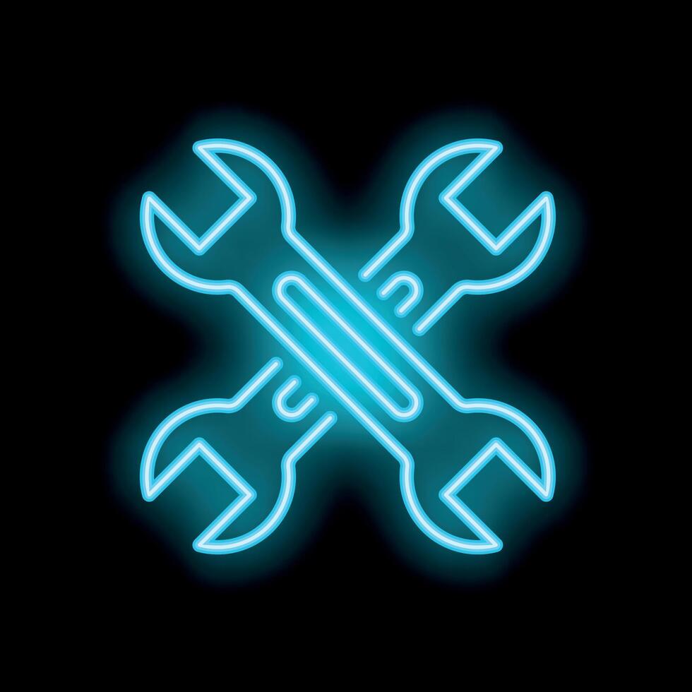 Crossed wrenches forming a mechanical neon sign on black background vector
