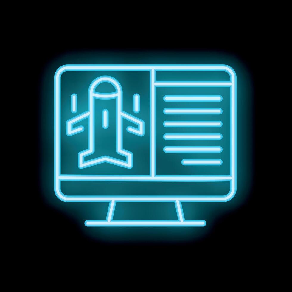 Neon sign showing airplane taking off from computer screen vector