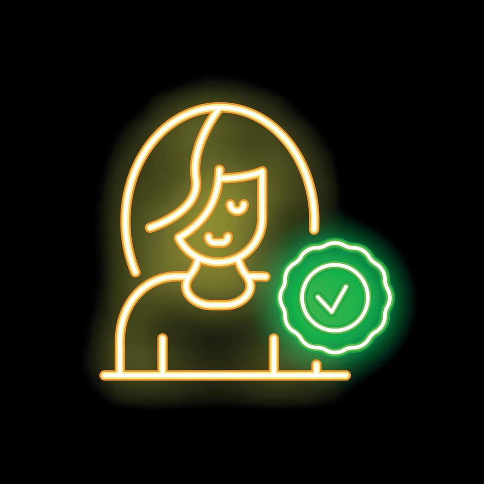 Neon sign showing a woman receiving a validation symbol for success and achievement vector