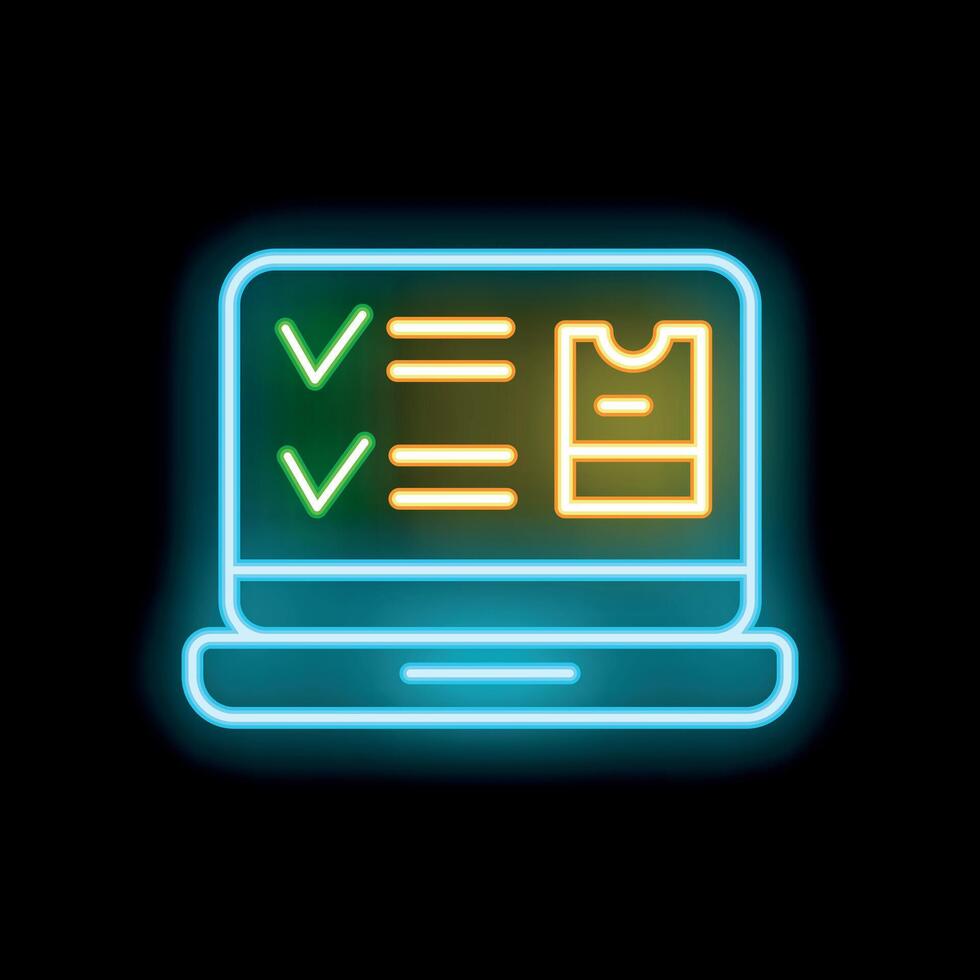 Neon online survey on laptop screen icon glowing vector