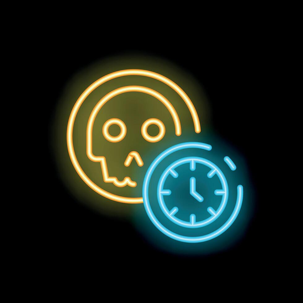 Neon sign representing death clock with skull and clock face vector