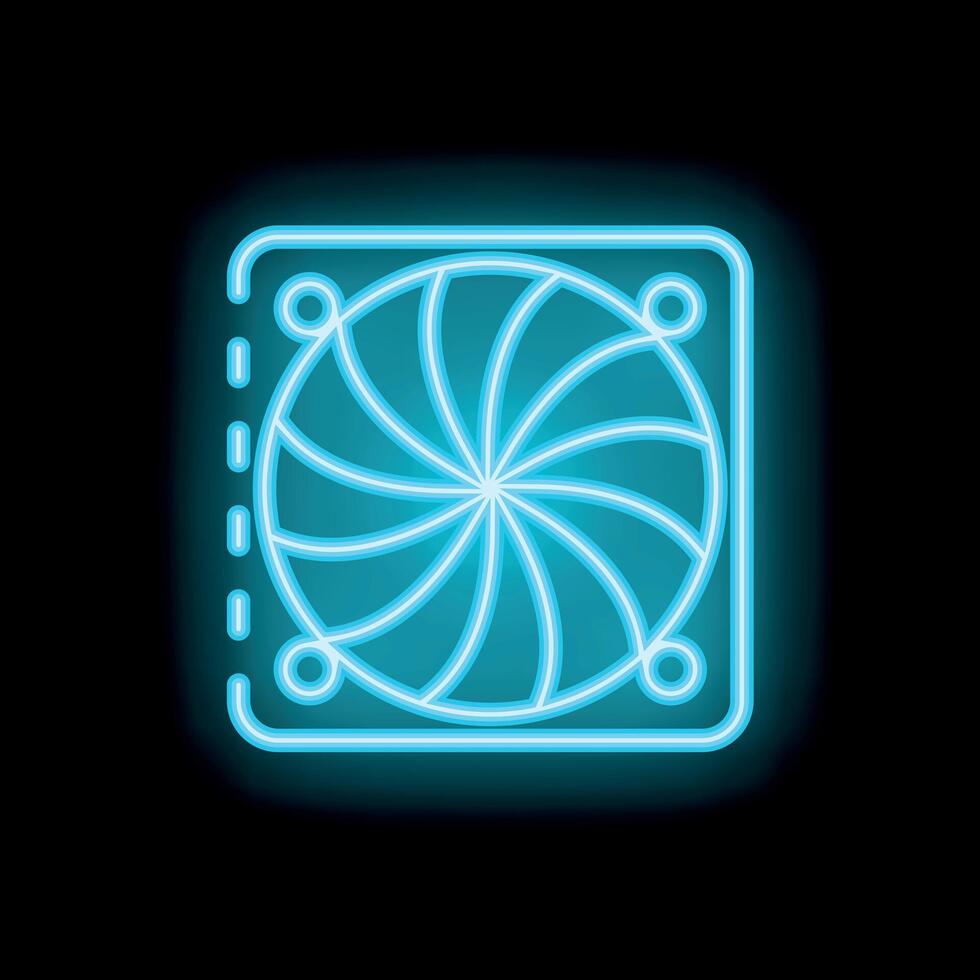 Neon blue computer fan cooling system icon glowing on black background vector
