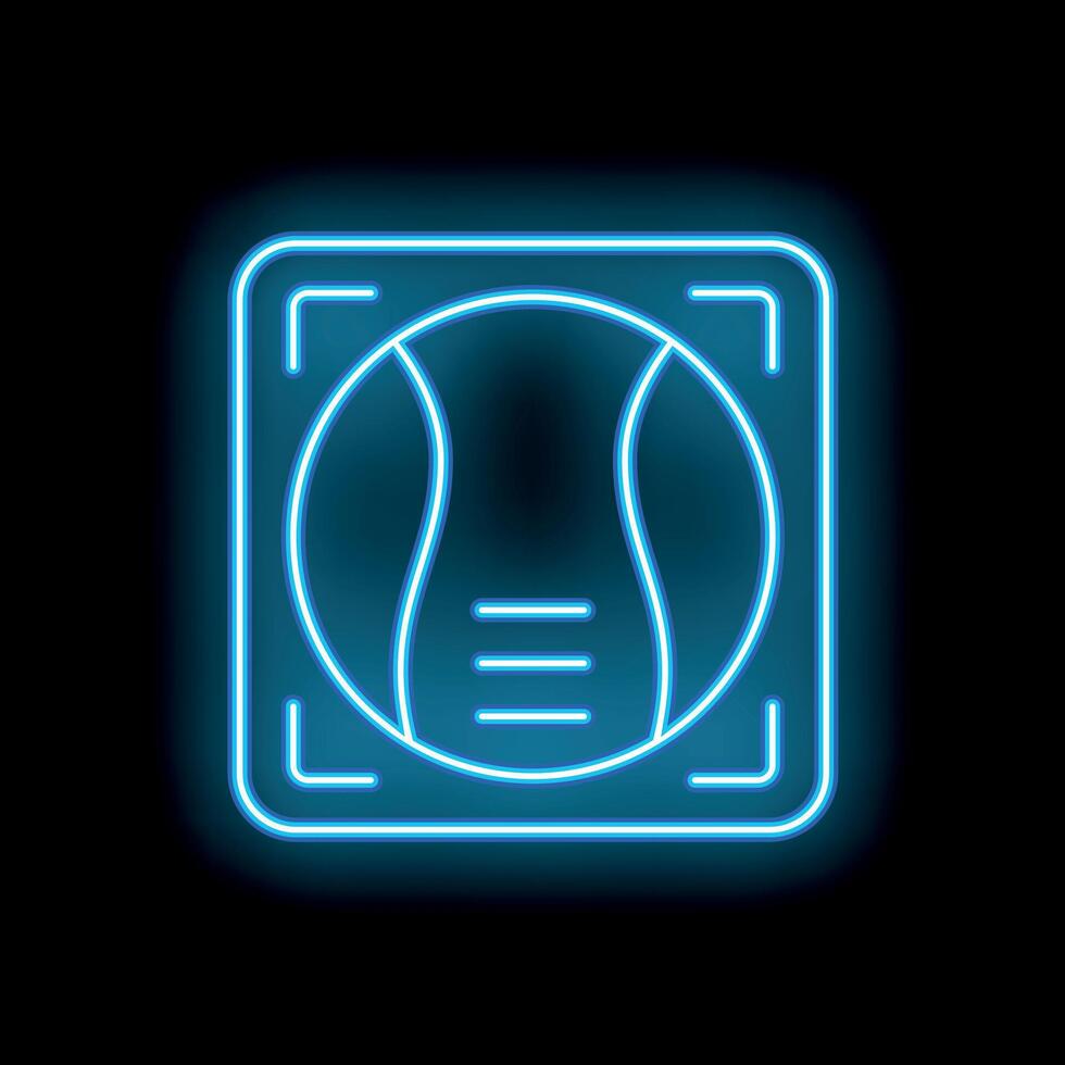 Neon icon of tennis ball in square frame glowing on black background vector