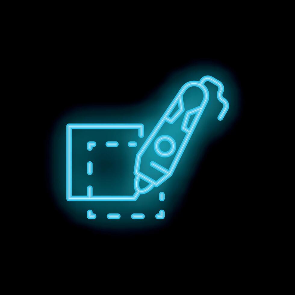 Blue neon icon of a 3d pen drawing a cube vector