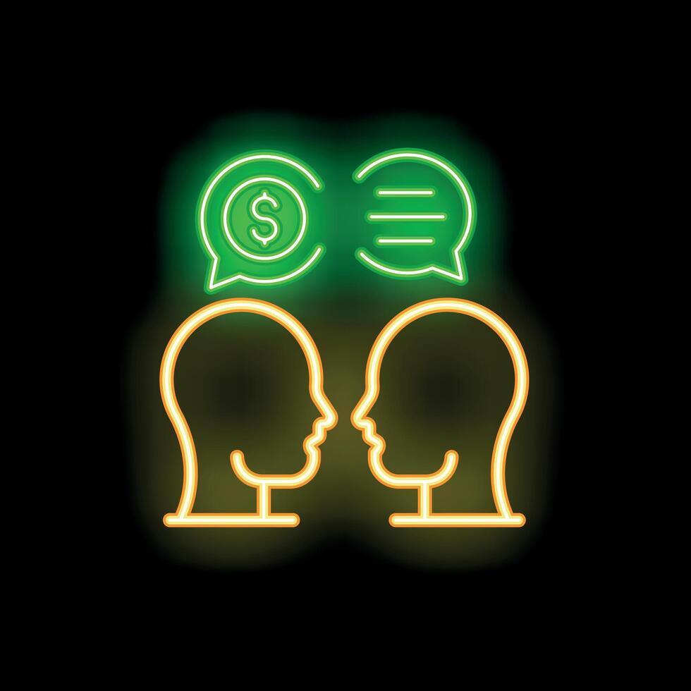 Two business people discussing about money investment neon style icon vector