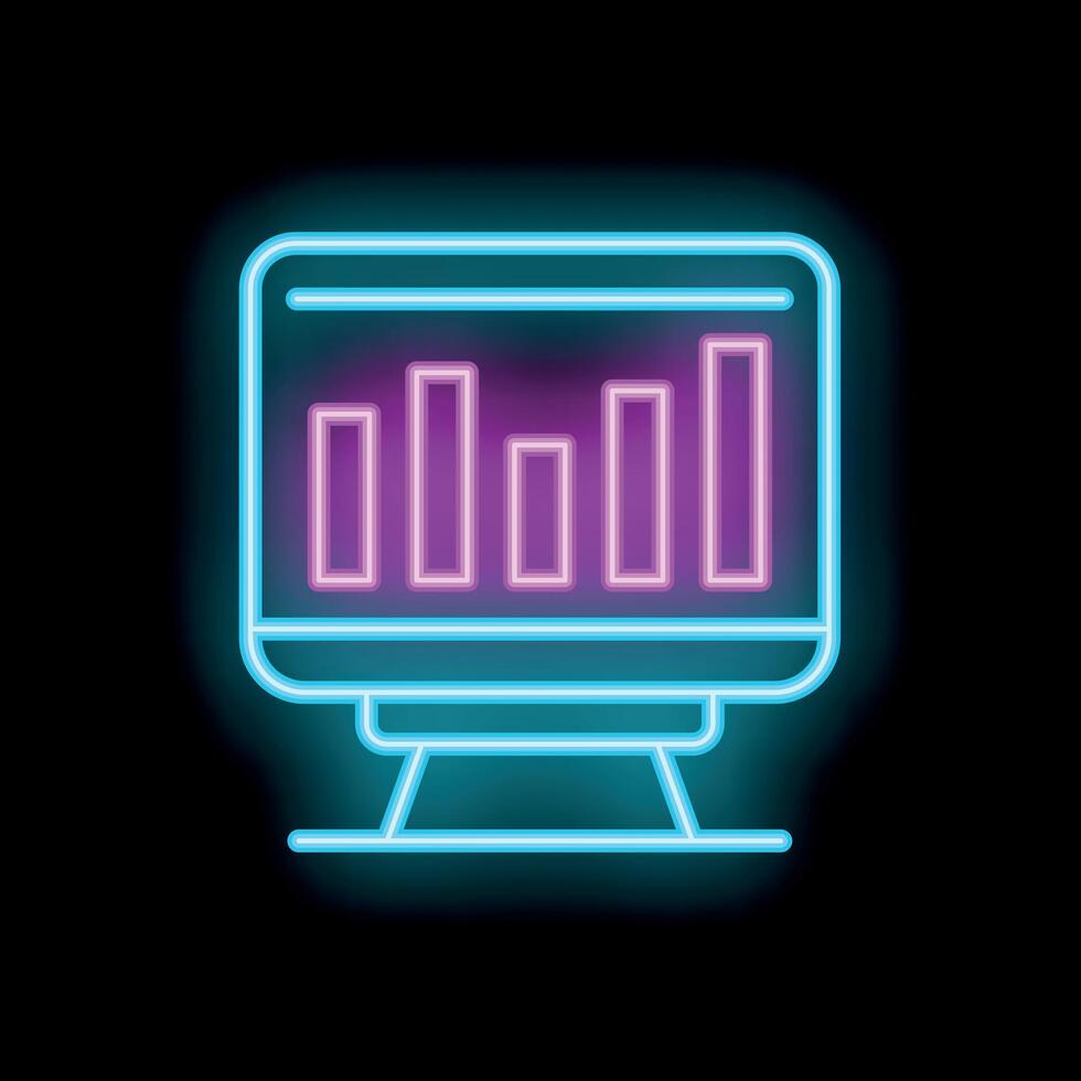 Neon icon of a computer screen showing a growing bar chart vector