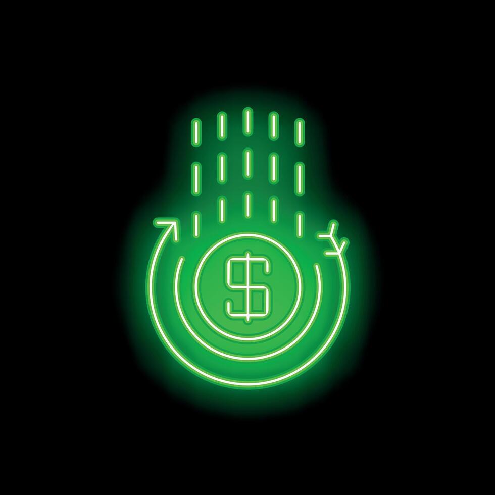 Neon green money cashback cycle with falling coins and airplane icon vector