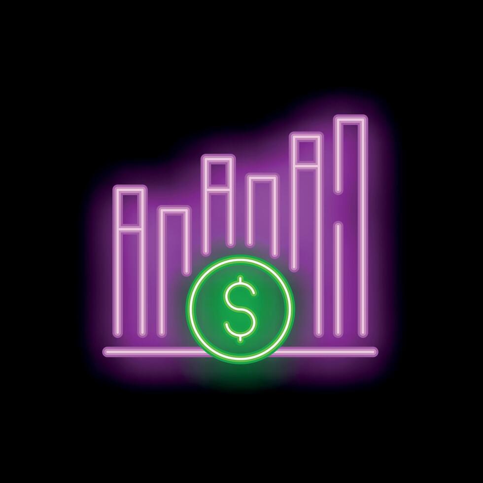 Neon sign depicting growing business with increasing bars and dollar coin vector